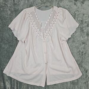 SHADOWLINE Lg Pink Embroidered Bed Jacket Top Lingerie Silky Nylon Vintage